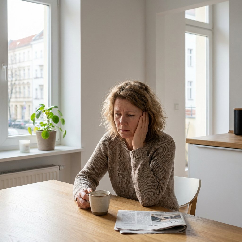 Frau mittleren Alters hält sich in heller Wohnung besorgt ein Ohr, sitzt seitlich am Tisch bei weichem Tageslicht und wirkt verunsichert.