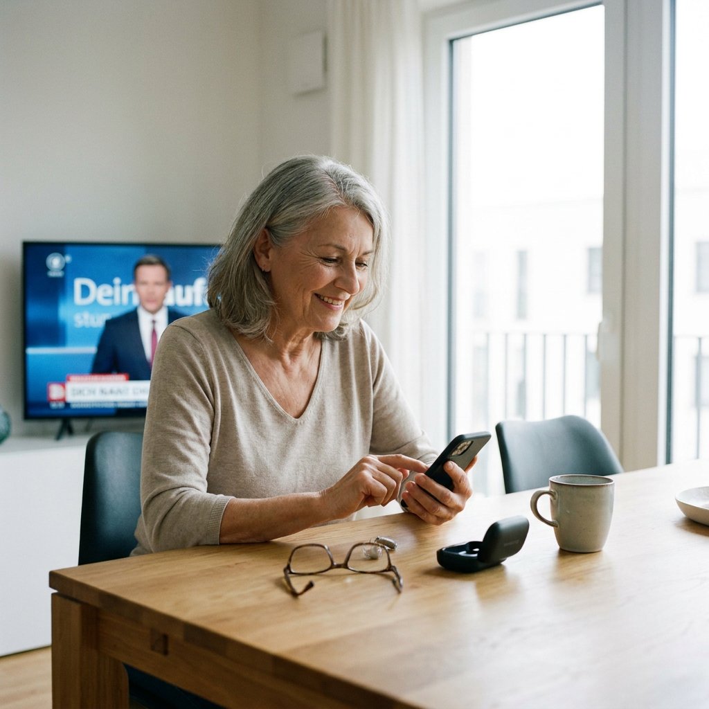 Ältere Frau in heller deutscher Wohnung koppelt ihr Hörgerät mit dem Smartphone, während im Hintergrund ein Fernseher läuft.