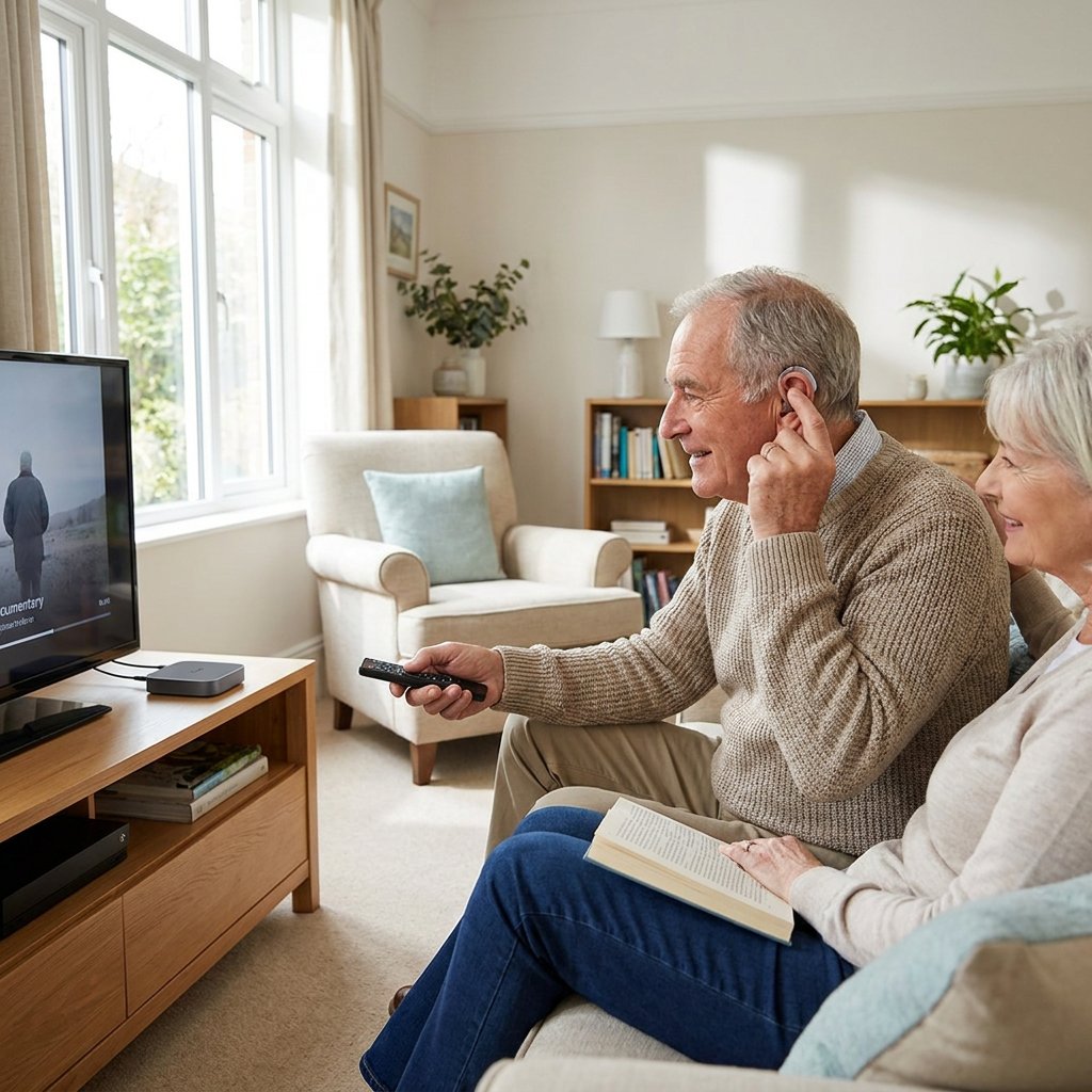 Älteres Paar im hellen Wohnzimmer vor dem Fernseher, während eine Person ein Hörgerät und eine kleine TV-Streaming-Box prüft.