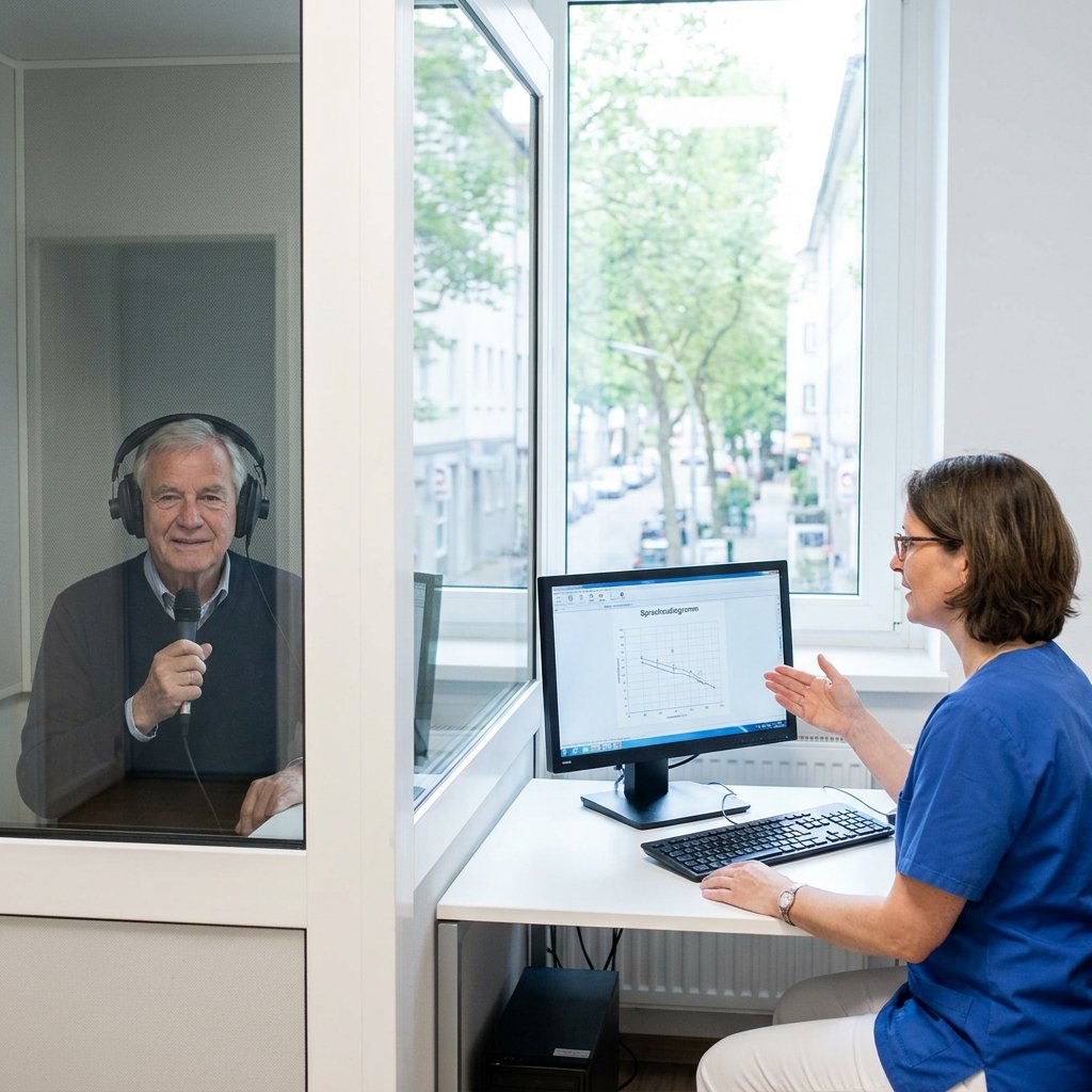 Ältere Patientin sitzt in einer modernen HNO-Praxis mit Kopfhörern und wiederholt Wörter, während eine Audiologin den Sprachtest am Bildschirm auswertet.