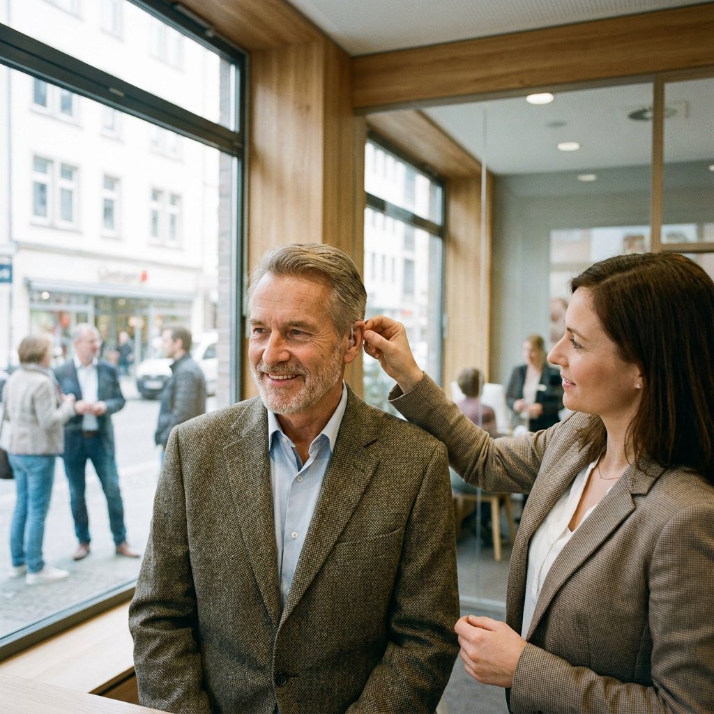 Älterer Mann testet in heller deutscher Hörakustik-Beratung ein modernes Hörgerät, während im Hintergrund eine Gesprächsszene angedeutet ist.