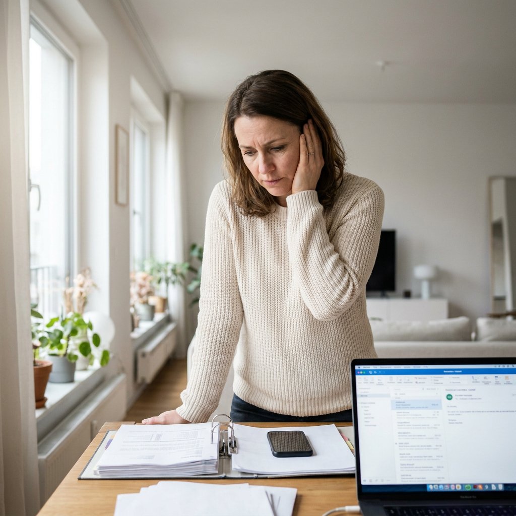 Gestresste Frau sitzt in heller Wohnung am Laptop und hält sich nachdenklich ein Ohr, während Unterlagen und Smartphone auf dem Tisch liegen.