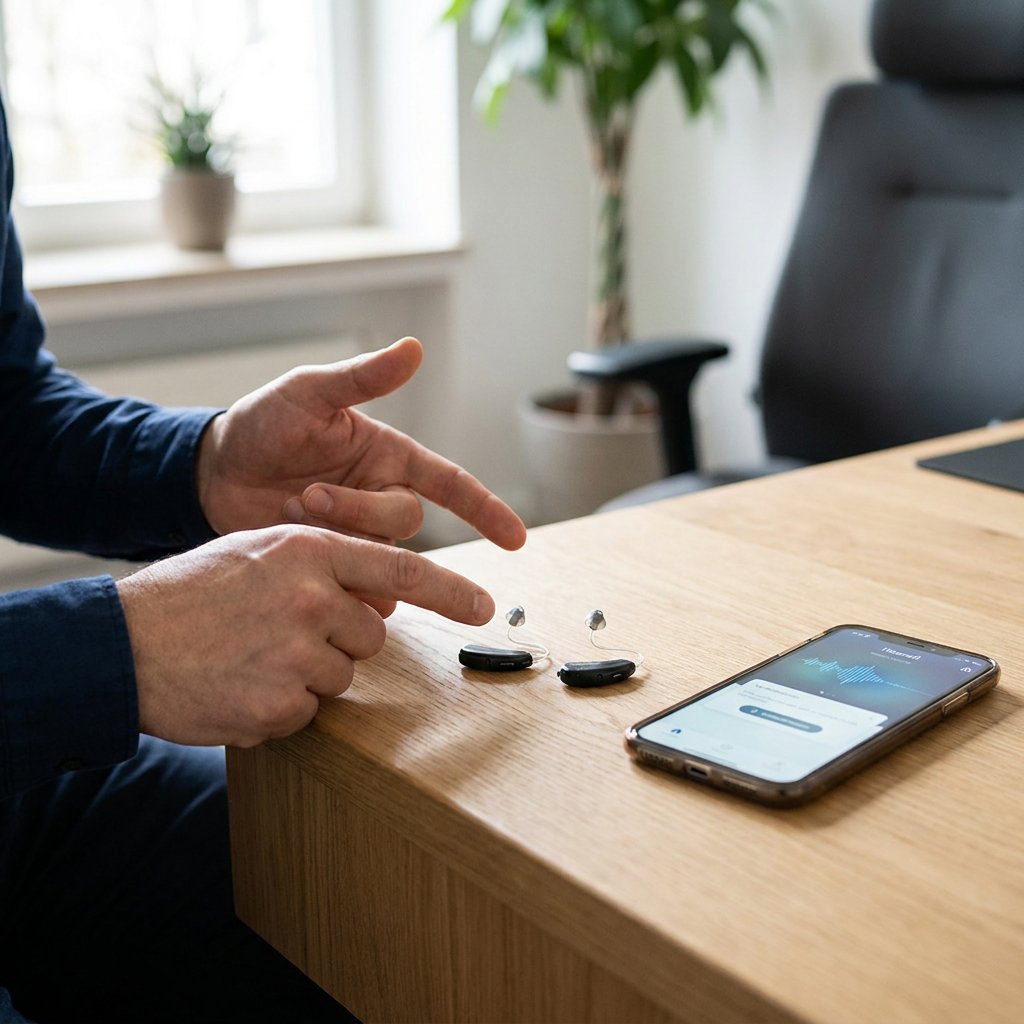Two discreet hearing aids rest beside a smartphone in a bright audiology consultation room, suggesting a practical comparison of features and daily use.