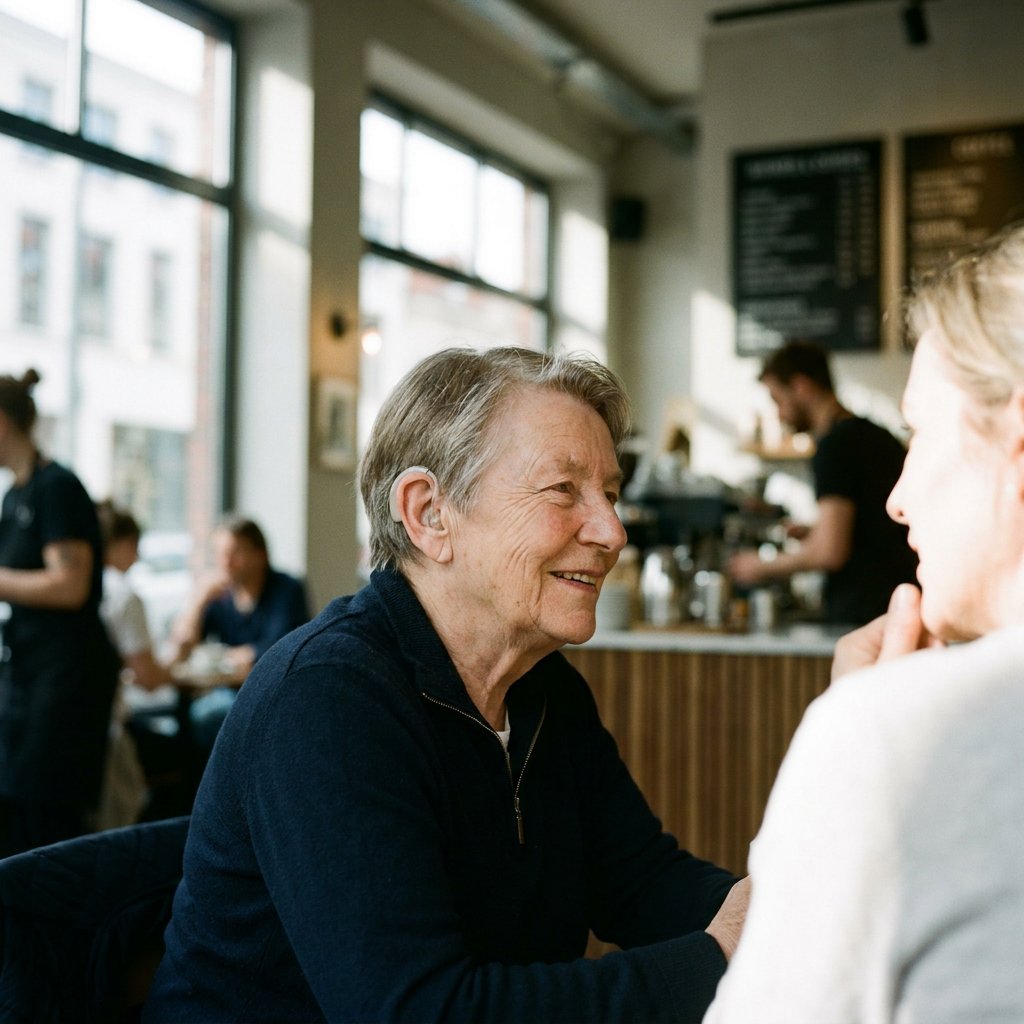 Ältere Person mit diskretem Hörgerät hört in einem belebten Café aufmerksam zu, während das Gegenüber spricht und der Hintergrund weich verschwimmt.