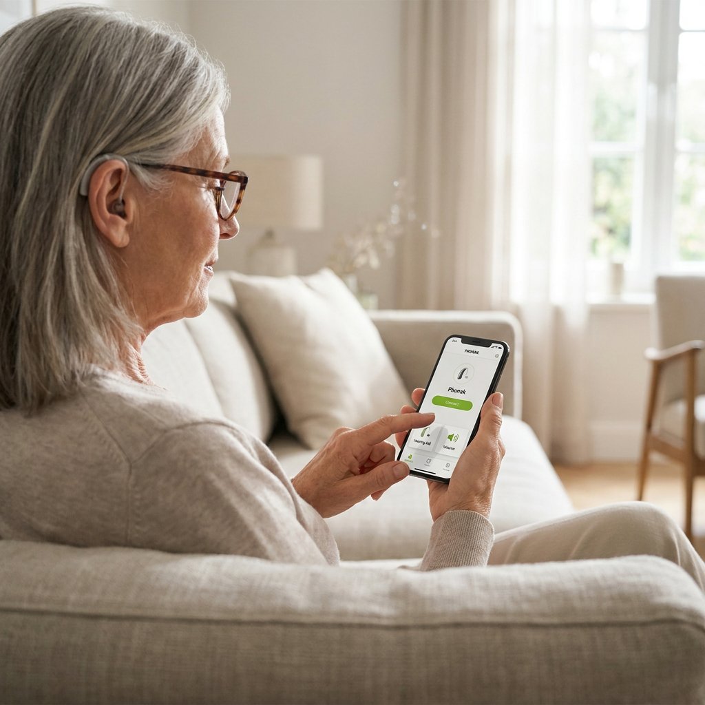 Ältere Person richtet auf einem Smartphone die Phonak App ein, während ein diskretes Hörgerät sichtbar ist; heller Wohnraum, ruhige Alltagsszene.