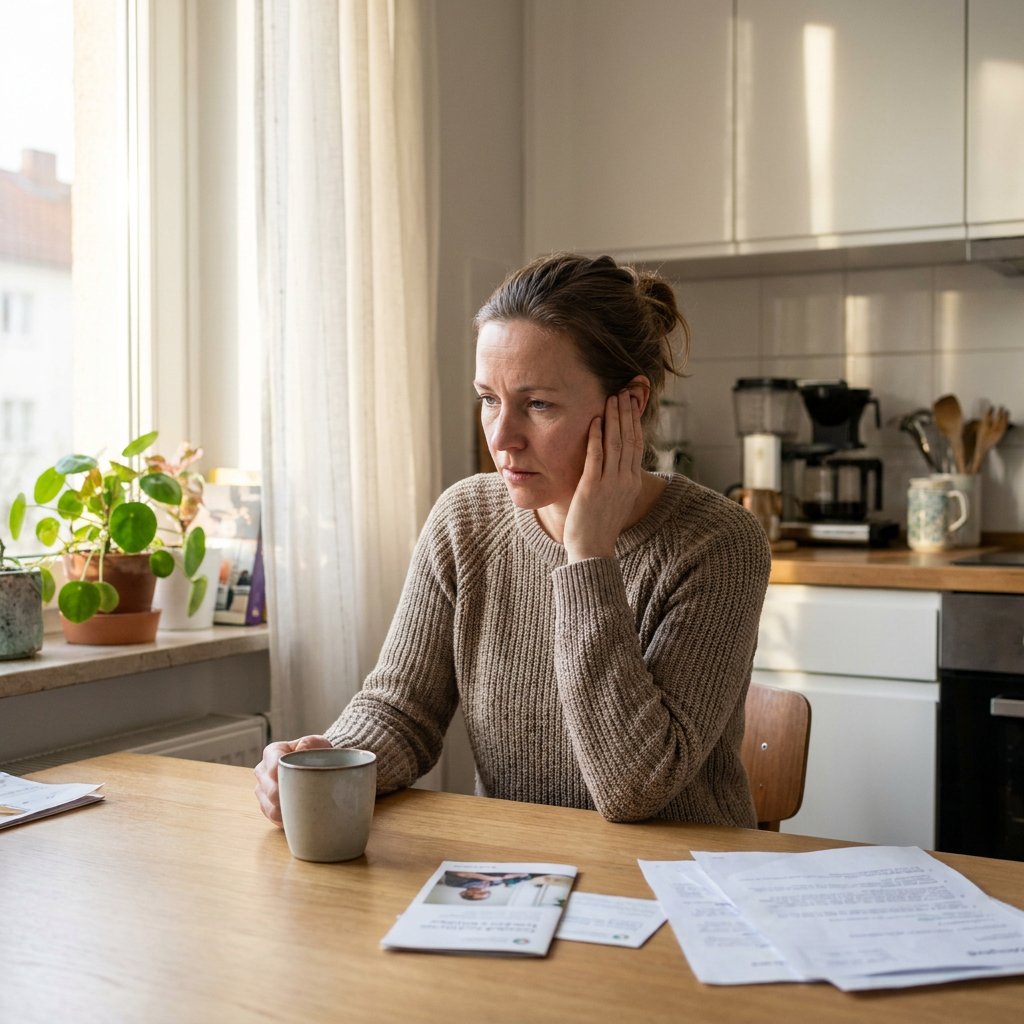 Erwachsene Person sitzt in heller Wohnung und hält sich mit besorgtem Blick ein Ohr, weiches Tageslicht und ruhige, realistische Editorial-Stimmung.